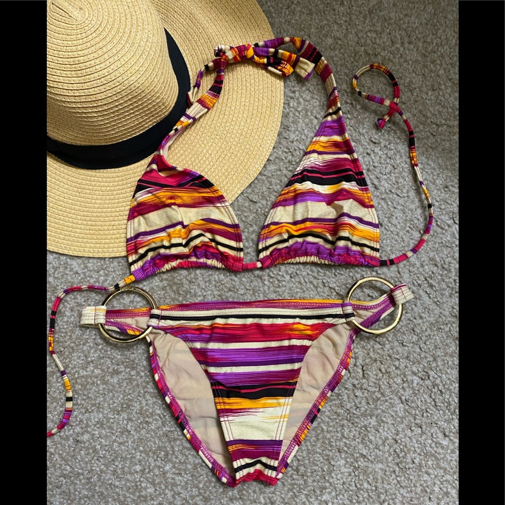 Luli Fama Striped Halter  & Gold Ring Bikini